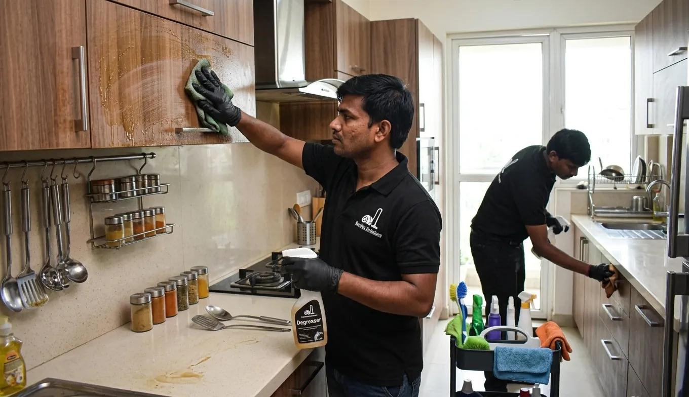 Professional kitchen cabinet degreasing service in Hyderabad